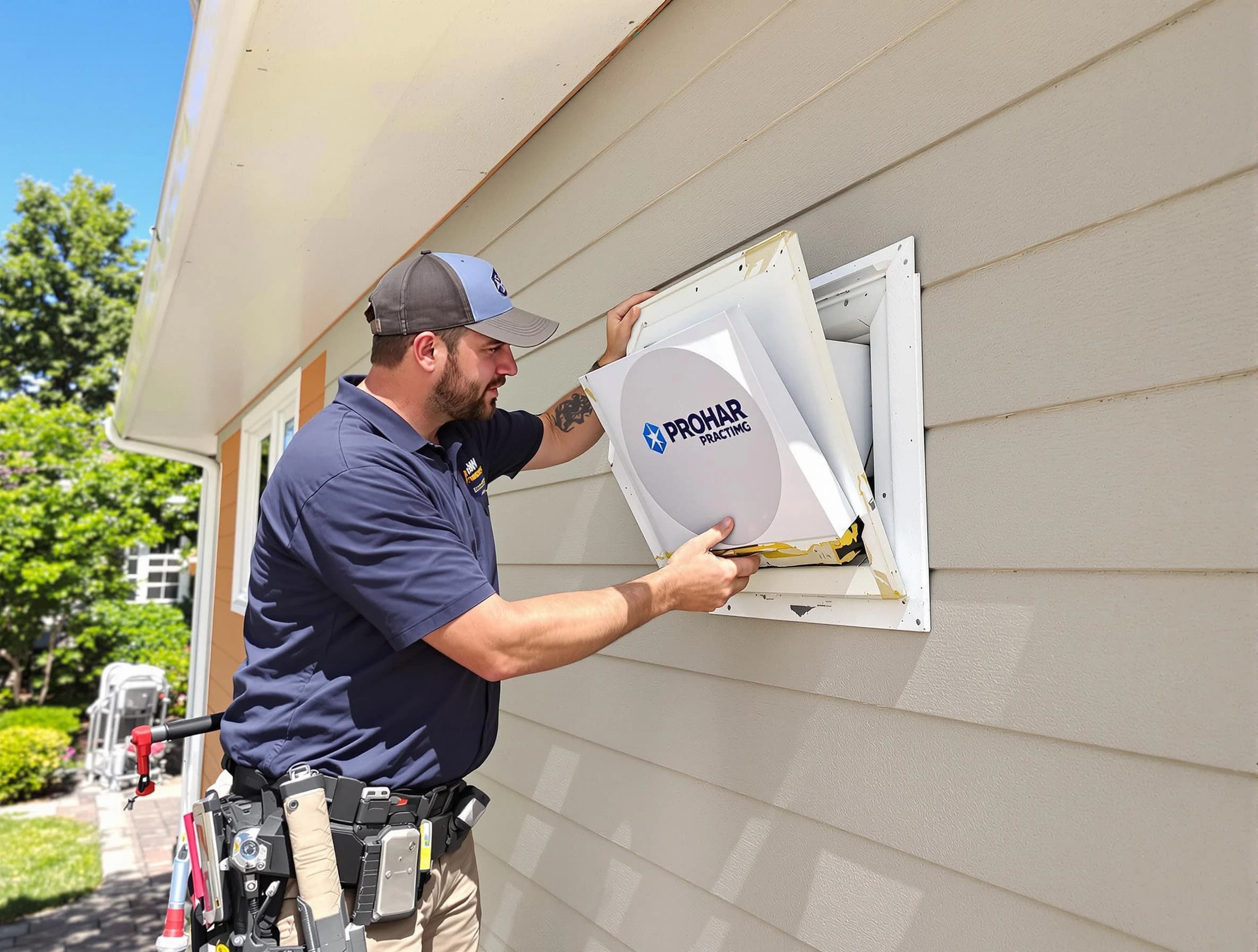 Allegheny Dryer Vent Cleaning technician installing a new protective dryer vent cover on a home in Allegheny