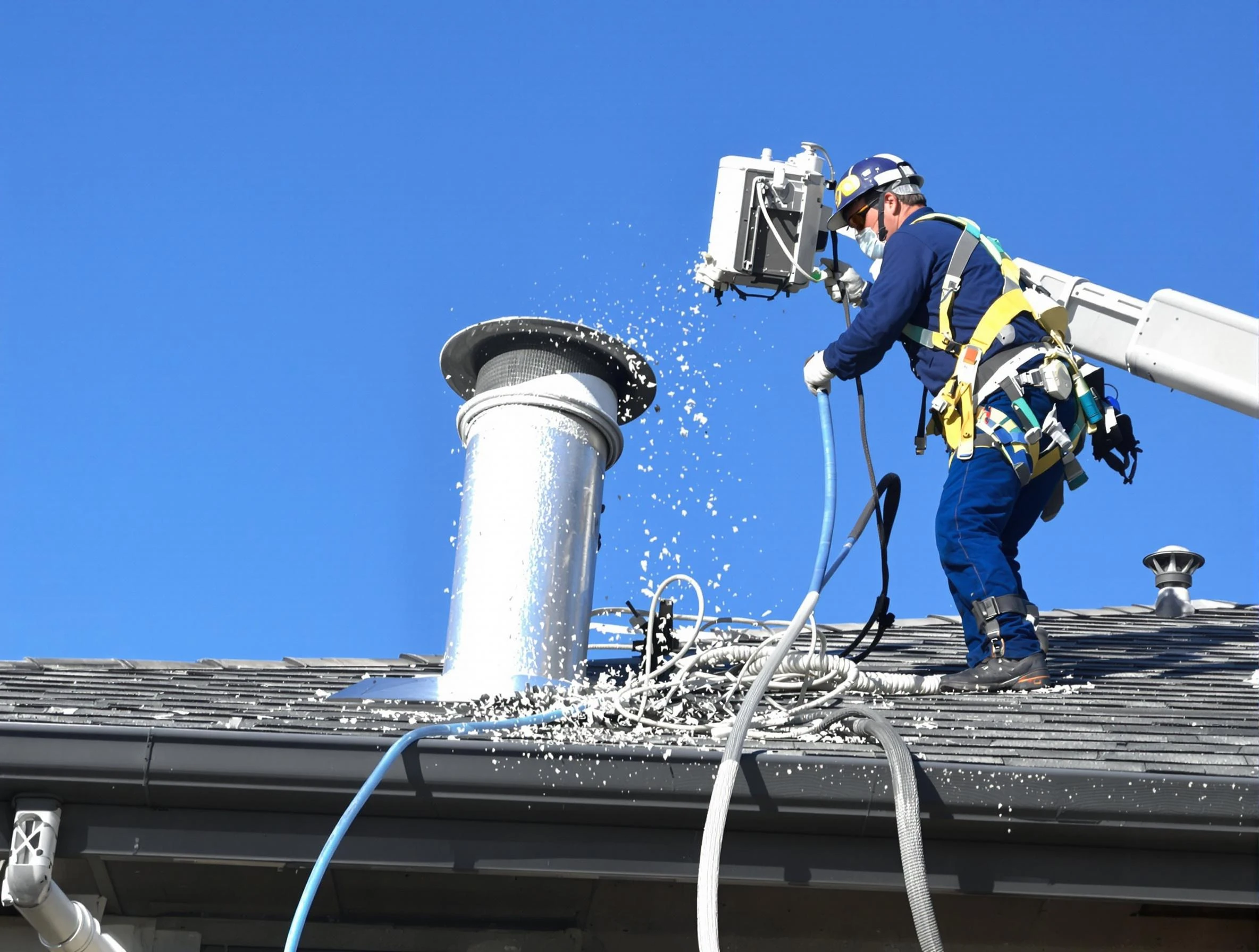Allegheny Dryer Vent Cleaning certified technician safely cleaning a roof-mounted dryer vent in Allegheny